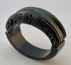 BB320 true black bakelite flower carved hinged bracelet